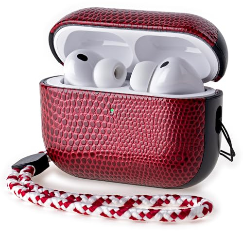 RIXENY Leder Hülle für AirPods Pro 3 (2025), Verstellbare Schlaufe, luxuriöses Veganes Echsenleder Lederhülle, Hartschale, Kratzfest & Stoßfest, Kabelloses Laden, für Mode- & Luxusliebhaber, Rot