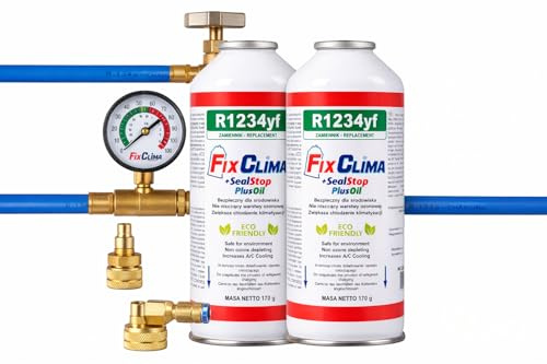 FixClima R1234yf Kit de recarga de aire acondicionado 2 x 3 en 1 – Manguera profesional de cobre con manómetro – Gas para aire acondicionado coche, recarga fácil – SealStop + Oil