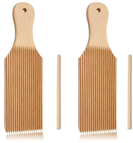 Gnocchi Board Set, 2Pcs Wooden Pasta Maker Paddles with Rolling Sticks, Natural Beech Wood Boards, Grooved Dough Mould for Authentic Italian Home Cooking