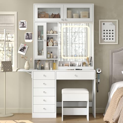Yanosaku Schminktisch mit Spiegel und LED-Beleuchtung, 6 Schubladen, 3 Ablageflächen und 2 Schränke, transparente Glasplatte und Steckdosen, Schminktisch mit Stuhl für das Schlafzimmer, weiß