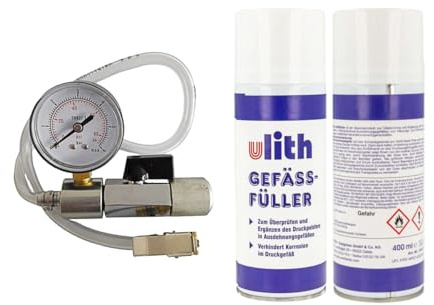 2x ARLI Gefäßfüller 400ml brennbar FCKW frei inkl. Anschlussadapter mit Absperrvorrichtung und Manometer für Membran Ausdehnungsgefäße (2 Dosen + 1 Adapter)