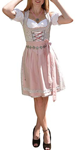 Golden Trachten-Kleid Dirndl Damen 3 TLG, Midi für Oktoberfest, mit Schürze und Bluse, 502GT (40),Grau