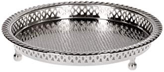 Bandeja Oriental Redonda Hecha de latón Mahra 27cm - Bandeja de té marroquí en el Color Plata - Decoración Oriental en la Mesa de Servicio