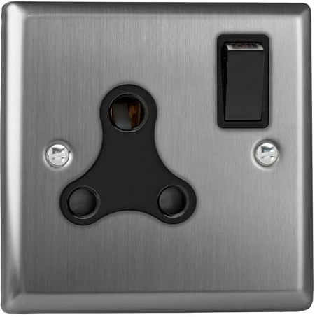 Varilight Round Pin Socket 15A - Classic Brushed Steel With Black Insert