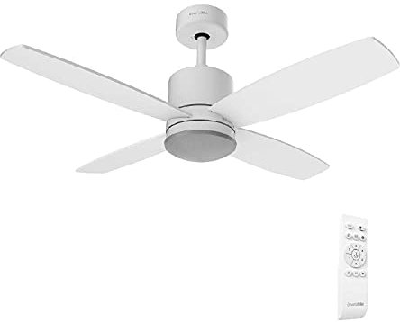 UNIVERSALBLUE | Ventilador de techo con luz LED | Color blanco | Ventilador silencioso con Motor DC | Mando a Distancia | 4 Aspas | Diámetro 122 cm | Temporizador | 6 Velocidades |