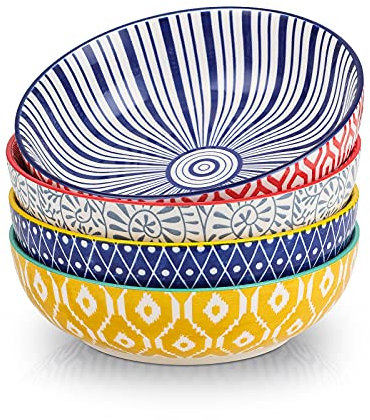 Selamica Keramik Pastateller, 850 ml Suppenteller Tief, Tiefe Teller 4er Set, Flach Salatschüssel, Suppenschalen für Nudel, Spaghetti, Pasta, Salat, Bunte