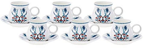 Karaca Hattat Kaffeetassen-Set für 6 Personen 90 ml Espressotasse und 6x Untertasse, Mochatassen, Espressotassen Set aus Porzellan, Cappuccino