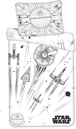 Jerry Fabrics Star Wars Todesstern, Raumschiffe, Weltraum, leuchtet im Dunkeln, Schwarz und Weiß, Bettdecke 140 x 200 cm, Kissen 70 x 90 cm mit Reißverschluss, für Kinder-Fans und Erwachsene