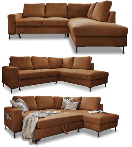 MIUFORM Ecksofa mit Schlaffunktion, Lofty Lilly Wohnlandschaft L-Form, Couch L Form Wohnladschaft mit Schlaffunktion Schlafcouch, Sofa Cord Metallfüße (Ziegelrot, Rechts ausgerichtet)
