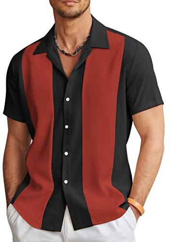 COOFANDY Men's Vintage Bowling Shirt Short Sleeve Button Down Summer Cuba Beach Shirts, Black Red, Medium