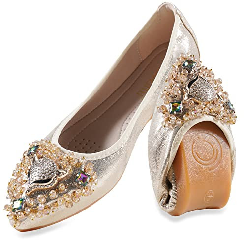 MACHSWON Womens Fold up Pumps Roll up Shoes Foldable Ballet Flats with Sparkly Rhinestone, Portable Ladies Slip On Loafers(Gold, Size 4)
