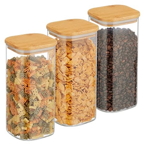 Relaxdays Vorratsgläser mit Bambusdeckel, 3er Set, eckige Vorratsdosen aus Glas, 1500 ml, luftdicht, transparent/natur