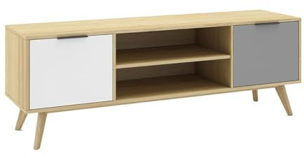 AltoBuy BORGH - Meuble TV 140cm 2 Portes Scandinave Pin Massif Gris, Blanc et Effet Chêne