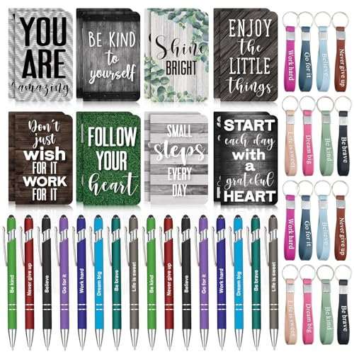 PerKoop 48 Pcs Inspirational Gifts Set Inspirational Quote Notepads 3 x 5 Inch Motivational Ballpoint Pens Keychains Bulk Modern Farmhouse Journal Notebooks for School Office Party Favor Supplies