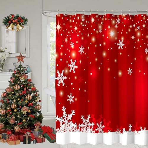 YOSTEV Christmas Shower Curtain, Red Christmas Snowflakes Shower Curtains for Bathroom Decor, Red Winter Holiday Shower Curtain, Xmas Funny Glitter Sparkle Fabric Cloth Bath Curtain, 72 x 72 Inch