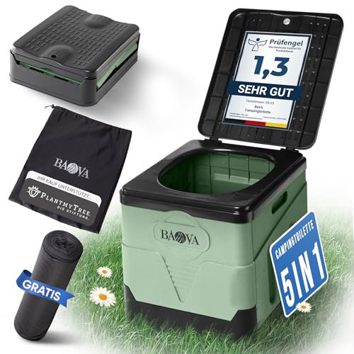 BAVA® [Modèle 2024] Toilettes de camping mobiles, sans produits chimiques, pliables, stabilité unique + 12 sacs, pour le camping, les festivals, les petits jardins, les poissons - Vert