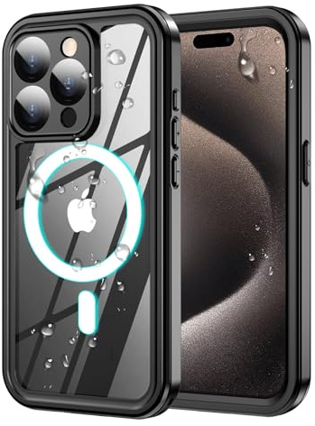 for iPhone 15 Pro Case Waterproof,Built-in 9H Tempered Glass Screen Protector [Real 360][IP68 Underwater][15FT Military Dropproof][Dustproof][Compatible with MagSafe] for 15 Pro Case- Black/Clear
