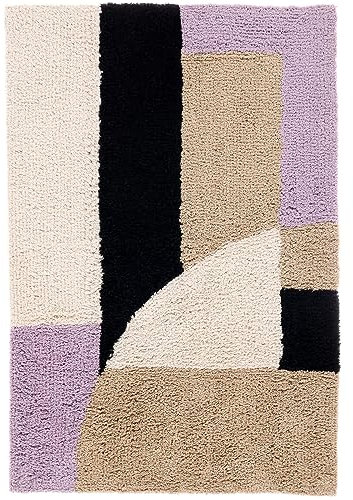 RugVista Badematte Cadiz, 60 x 90 cm, Rechteckig, Mittelflor, Badezimmerteppich, Moderner Badteppich, Maschinenwaschbar bis 30°C, 100% Baumwolle, Beige/Lila