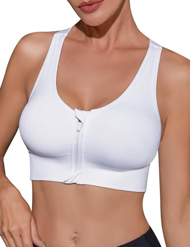 Migcaput Damen Sport BH Reißverschluss Vorne, Sport BH Damen Starker Halt,Sport Bustier Gepolstert Push Up BHS Sports Bra Top für Gym Fitness Yoga Running Sport BH weiß S