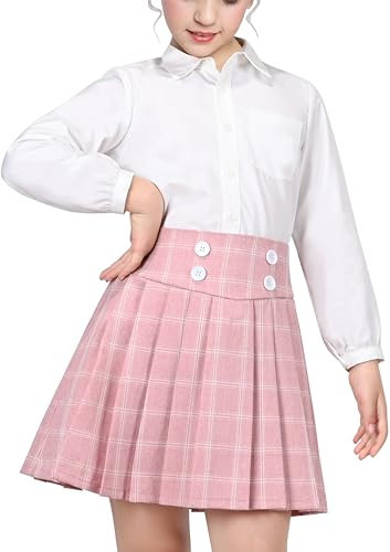 Sunny Fashion Filles Jupe Fixer Blanc Chemise Rose Grille Plaid Plissé École Tennis Décontractée 9-10 Ans