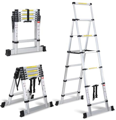 Eulenke Escalera Telescópica Plegable de Aluminio - 1,7 + 2 m, 5 + 6 Peldaños, Portátil, Antideslizante, Capacidad de 150 kg - Multiusos y Extensible