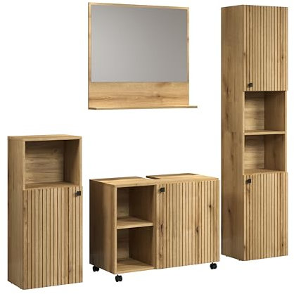 trendteam smart living - PureBliss - Badezimmer Komplettset (WBU + Spiegel 80cm + Standschrank + Hochschrank) - Evoke Eiche - Rillenoptik - Aufbaumaß (BxHxT) 180 x 190 x 40cm - Metallgriffe