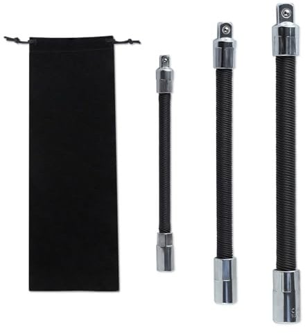 LEONTOOL 3Pcs Flexible Extension Bar Set 1/2-Inch 1/4-Inch 3/8-Inch Drive Flexible Socket Extension Bars Flexible Socket Extension Cables, Metal Extensions with Flexible Shafts Hand Tool Set