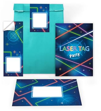 Limonia 10 Einladungskarten zum Kindergeburtstag Laser Tag Laser-Gaming Strahl neon Einladung Set Geburtstag Mädchen Kinder Jungs Jungen Boys Geschenktüte inkl. 10 Umschläge, 10 Tüten, 10 Aufkleber
