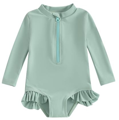 Carolilly Maillot de Bain Bébé Fille Anti UV Combinaison de Natation à Manches Longues Costume de Bain Piscine à Volants Fermeture Eclair (Vert, 6-12 Months)