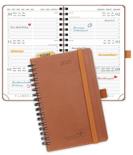POPRUN Taschenkalender 2025 Klein Ringbuch mit Softcover, ca. A6 (16 x 10,5 cm) - Kalender 2025 Klein (Jan.2025-Dez.2025) - Terminplaner 1 Woche 2 Seite mit Plastiklineal - Braun