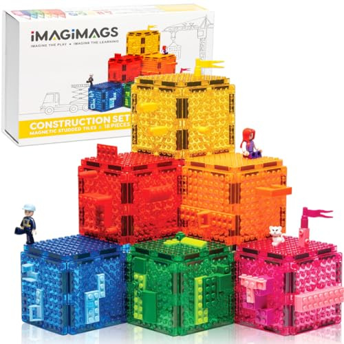 IMAGIMAGS Construction Set, 18-Piece Dual-Sided Studded Magnetic Tiles | Brick Compatible Connector Squares, Strong Magnets, STEM Learning, Ages 5+