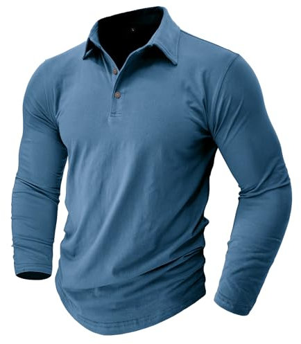 Mens Polo Shirts Cotton Long Sleeve Golf Tops Grandad T-Shirts Plain Denim Blue Tops Men M