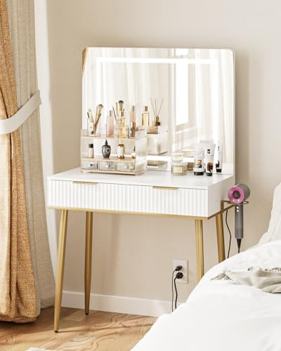 HEYZOEY Schminktisch mit Großem Spiegel, Frisiertisch mit LED-Beleuchtung 3 Beleuchtung Farbe einstellbar, Modern Kosmetiktisch mit 2 Schubladen, Weiß