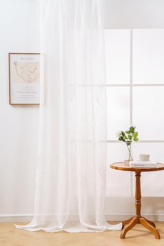 FEBE Gardinen mit Stickerei 145x250 cm Kräuselband Voile Vorhänge Weiß Transparent Wohnzimmer Luftig Dekoschal für Schlafzimmer