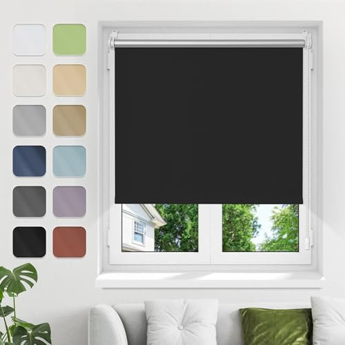 Verdunkelungsrollo ohne Bohren Klemmfix B90xH200cm(Stoffbreite85cm) Schwarz Verdunklungsrollo Fensterrollo Thermorollo Rollo Seitenzugrollo Klemmrollos für Fenster