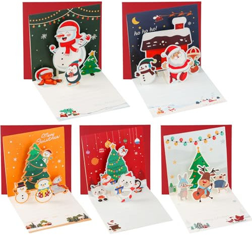 volumoon 5 Stück 3D Weihnachtskarte, Pop-Up Karte Weihnachten, Weihnachtskarten mit Umschlag Set, Weihnachtsgrußkarten, Frohe Weihnachten Karten, Geschenk für Weihnachtsgrüße an Familie, Freunde