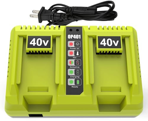 Energup OP401 Double chargeur pour RYOBI 40 V Lithium-Ion Quick Charger, Dual Ports Compatible avec Ryobi 40V Batterie OP4015 OP4026 OP4040 OP4050 OP4060, chargeur pour batterie lithium-ion Ryobi 40 V