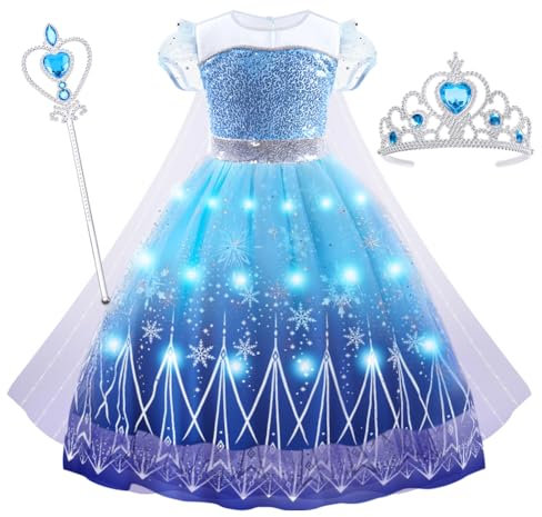 AUYAO LED Light up Robe Princesse Fille, Elsa Costume Déguisement de Cape Elsa Lumineux, Costume Princesse avec Accessoires de Baguette Magique Couronne Fête d'Anniversaire Halloween Noël Cosplay(110)