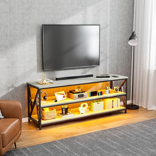 Gurexl LED-TV-Möbel für Fernseher von 55 Zoll bis 70 Zoll, TV-Ständer, Ladestation mit Beleuchtung, 24 Farben, 140 × 60 × 40 cm, Unterschrank, Aufbewahrung, Möbel aus Holz und Metall, Weiß