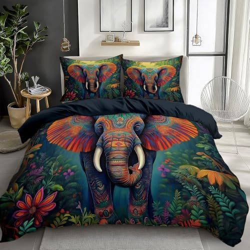 Quixora Bettbezug-Set mit Kissenbezug Dunkelblau Grau Bettwäsche-Set für Jungen Mädchen Kinder, Cartoon Zauberwald Elefant Drucken Bettbezug 155 x 220 cm 3er Set Weich Mikrofaser, Atmungsaktiv