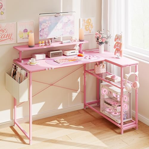 Dowinx Cute Gaming Desk, Gaming-Computertisch mit Carbonfaser-Oberfläche, Home-Office-Schreibtisch, PC-Arbeitsplatz mit Tassenhalter und Kopfhörerhaken, 100x50cm, Rosa