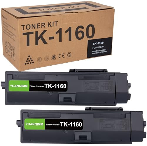 YUANQIMM TK1160 TK-1160 Schwarz Toner Kompatibel für Kyocera TK-1160 für Kyocera Ecosys P2040dn P2050DN P2040DW- 7.200 Seiten (2 Schwarz, 2 er-Pack)
