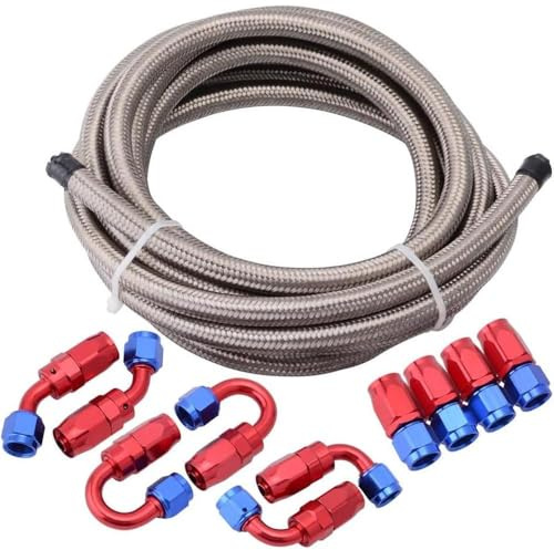 Riloer Tubo carburante per auto AN6, tubo universale intrecciato per olio, benzina e gas, adatto per vari veicoli automobilistici, connettore rosso-argento + 5 m di tubo argentato