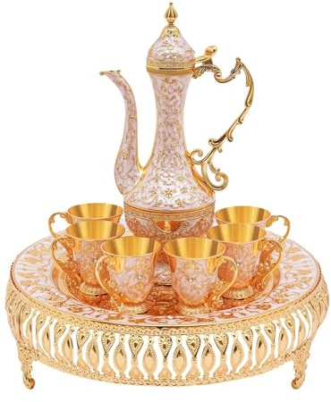 RjcdOPL Europäisches Teeservice im Vintage-Stil, aus Metall, Set mit 6 Tassen und Teekanne mit Tablett, für Zuhause, Büro, Geschenk für Hochzeit, Umzug (weiß)