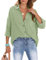 Xnova Chemisier Oversize Femme à Manches Longues, Décontractée Coton Blouse Top avec Poche, T-Shirt col en V Chic et Élégant Pull Haut Chemise Ample à Boutons pour Le Travail (Vert, XL)
