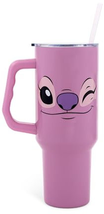 Disney Lilo & Stitch - Vaso de viaje de acero inoxidable con asa, tapa resistente a fugas y popote reutilizable, capacidad para 40 onzas