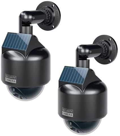 BASI | 2er Set Solar Kamera-Attrappe mit blinkendem LED-Licht | Dome Kamera | Dummy Kamera | Überwachungskamera für Innen- und geschützten Außenbereich | Solar Panel | 360 Grad Halterung | Weiß