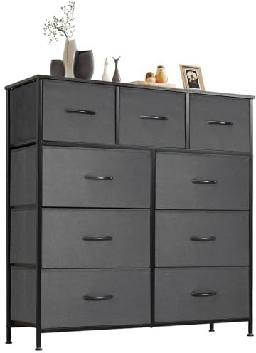 Sweetcrispy Kommode,Sideboard Wohnzimmer für Schlafzimmer mit 9 Stoffschubladen,Einstellbare Füße Schubladenschrank,Komodenschrank für Schlafzimmer,Modernes Grau