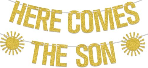 Banner mit Aufschrift Here Comes the Son, Sonnenschein-Babyparty-Dekorationen für Willkommens-Babyparty, It's a Boy-Schild, You Are My Sunshine Gender Reveal, Partyzubehör, Goldglitzer