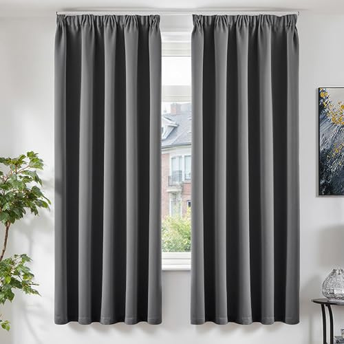 TOPICK Grey Blackout Curtains Living Room Bedroom, 46x72 Pencil Pleat 2 PCS | Thermal Sun Light Blocking Curtains for Dining Room, Balcony, Noise Reducing, Room Darkening, Soft-feel Triple-weave Fabric